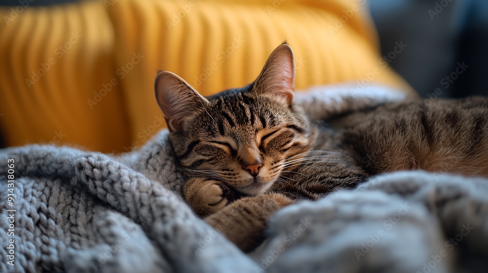 a cat is sleeping on a blanket on a couch with a yellow pillow behind it a cat is sleeping on a blanket on a couch with a yellow pillow behind it