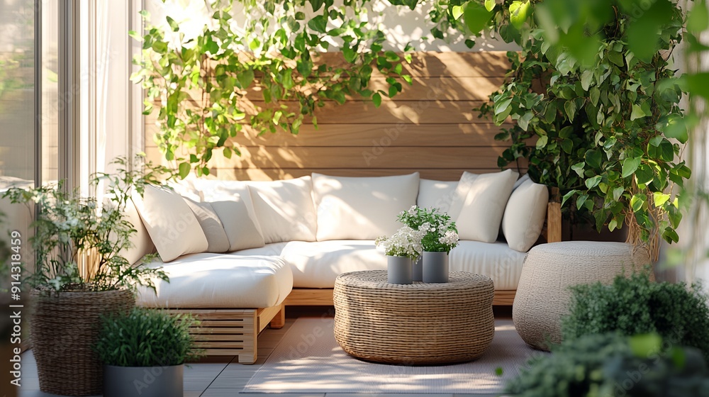 a couch and table on a patio with plants a couch and table on a patio with plants