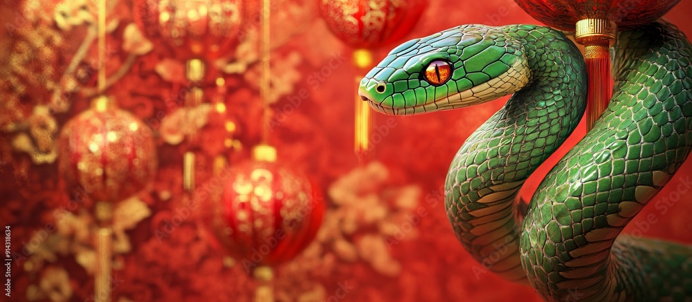 Green snake elegantly coiled against festive red and gold backdrop adorned with lanterns and traditional patterns, embodying the spirit of Chinese 2025 New Year. Copy space for your text. Green snake elegantly coiled against festive red and gold backdrop adorned with lanterns and traditional patterns, embodying the spirit of Chinese 2025 New Year. Copy space for your text.