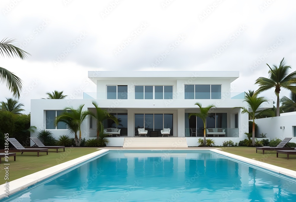 Fototapeta premium Exterior of A modern, two-story white house with a swimming pool in the foreground, surrounded by a paved patio area. The house has large windows and a minimalist, contemporary architectural style. 