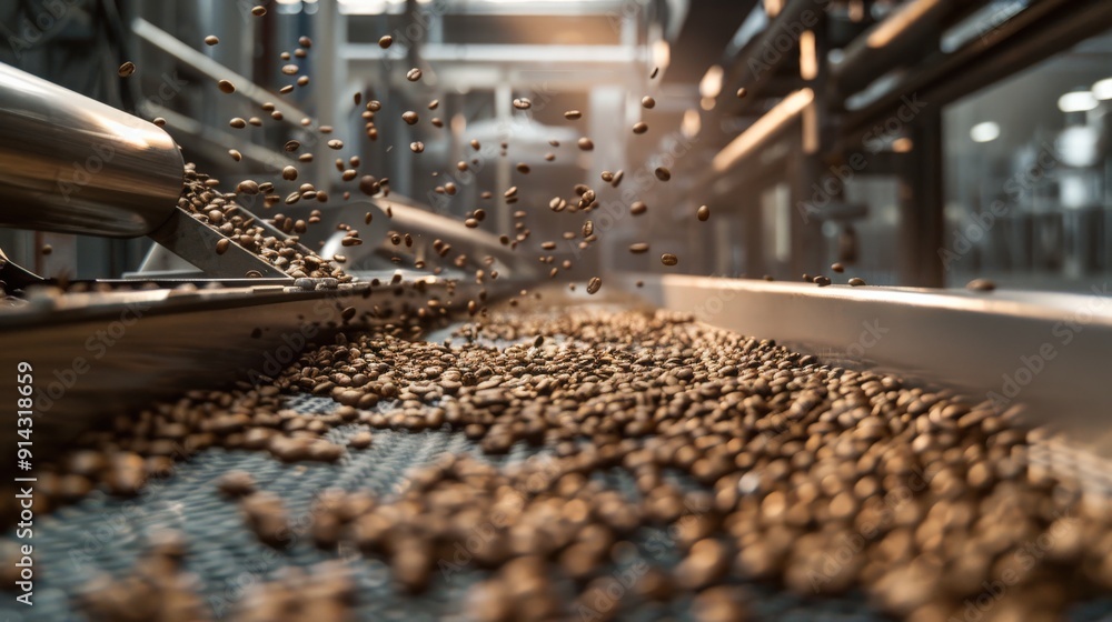 Coffee beans moving along a conveyor belt in a processing plant. Coffee beans moving along a conveyor belt in a processing plant.