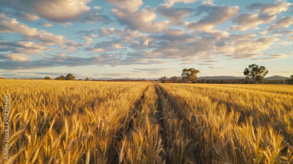 Obraz premium A field of golden wheat with a few trees in the background