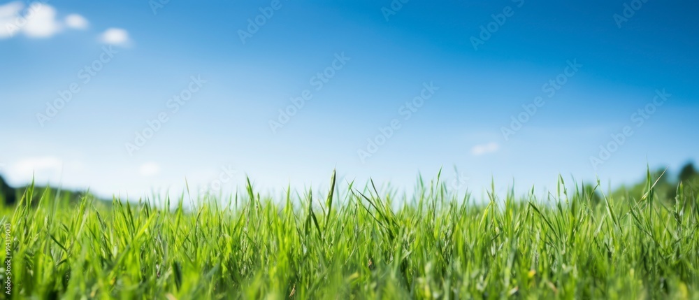 Fototapeta premium Green grass field and blue sky with clouds. Panoramic view.