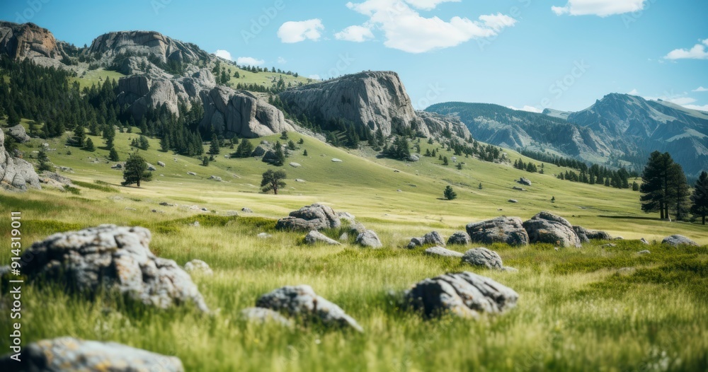 Meadow with green grass and mountains in background, Meadow with green grass and mountains in background,