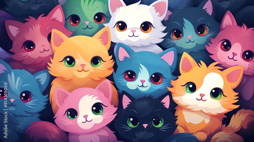 Fototapeta premium Cute cartoon cats with different fur colors, looking at the camera.