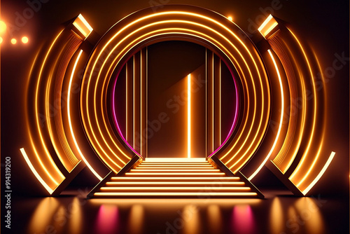 Abstract gold and pink neon light archway with stairs.