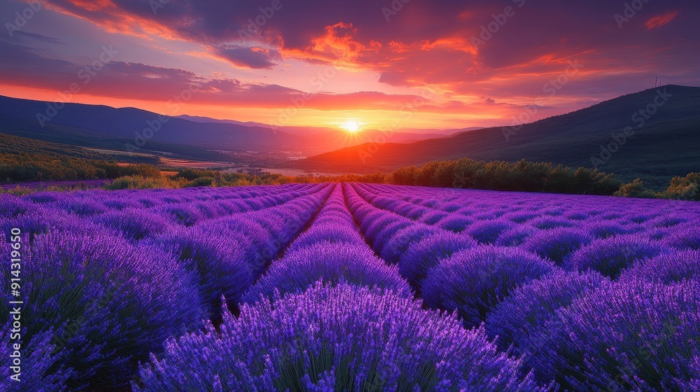 Fototapeta premium Scenic view of a lavender field in full bloom at sunset