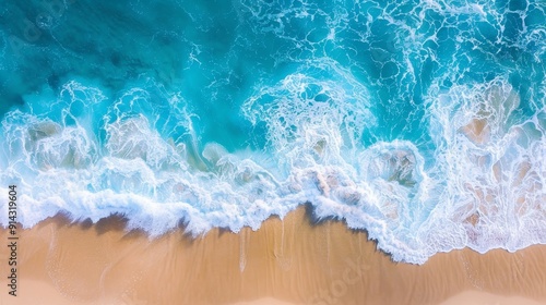 Drone top view at a tropical beach with a bleu ocean