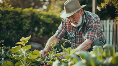 Happy retiree gardening in their backyard.