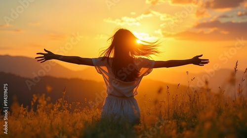 Happy woman standing with her back on sunset in nature iwith open hands.