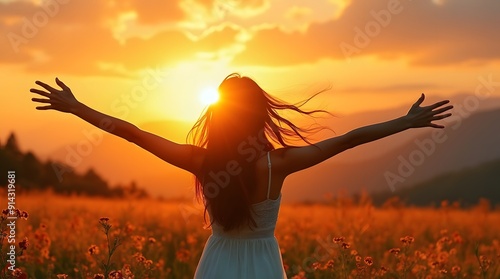 Happy woman standing with her back on sunset in nature iwith open hands. #914319681