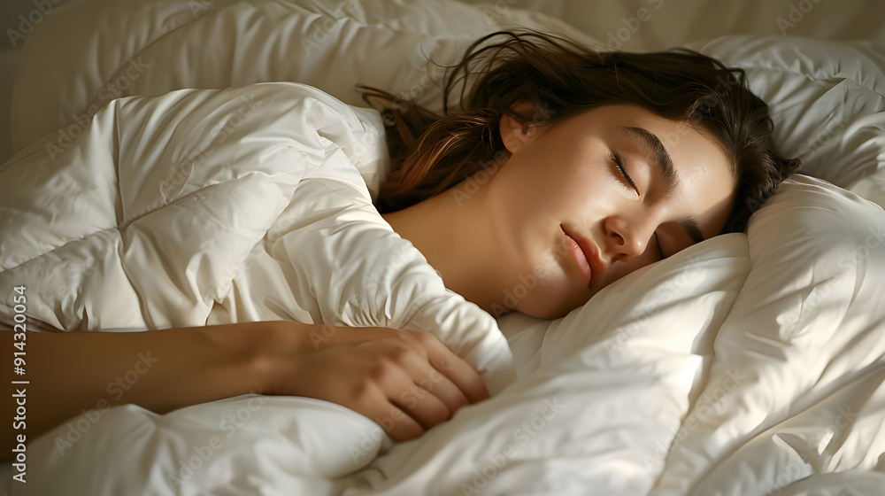 A woman sleeping soundly in cozy white bedding, enveloped in warmth and comfort, enjoying a peaceful rest. A woman sleeping soundly in cozy white bedding, enveloped in warmth and comfort, enjoying a peaceful rest.
