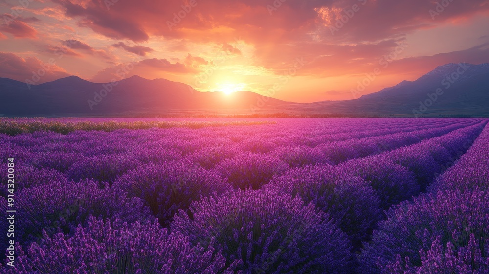 Obraz premium Scenic view of a lavender field in full bloom at sunset