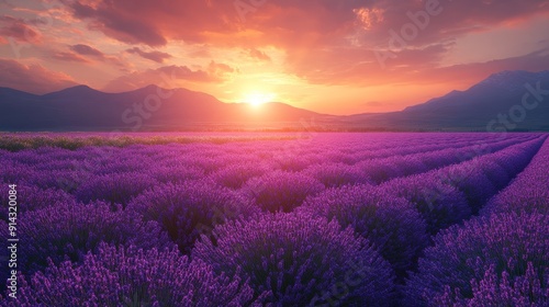 Scenic view of a lavender field in full bloom at sunset