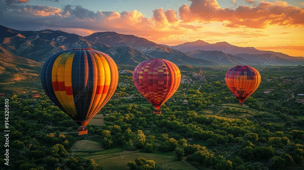 Obraz premium Colorful hot air balloons floating over a scenic valley