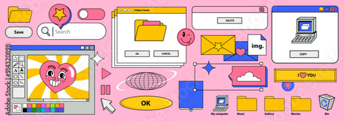 Vaporwave desktop. Template different screens on an old retro PC in the y2k style.