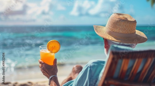 Retired individual enjoying a tropical drink on the beach.