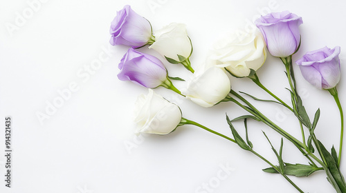 Delicado arranjo de flores de eustoma brancas e roxas sobre um fundo branco, enfatizando sua natureza suave e elegante