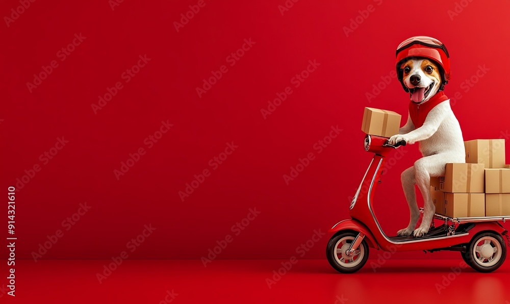 dog in a helmet rides a scooter, pulling a delivery cart filled with parcels. dog in a helmet rides a scooter, pulling a delivery cart filled with parcels.