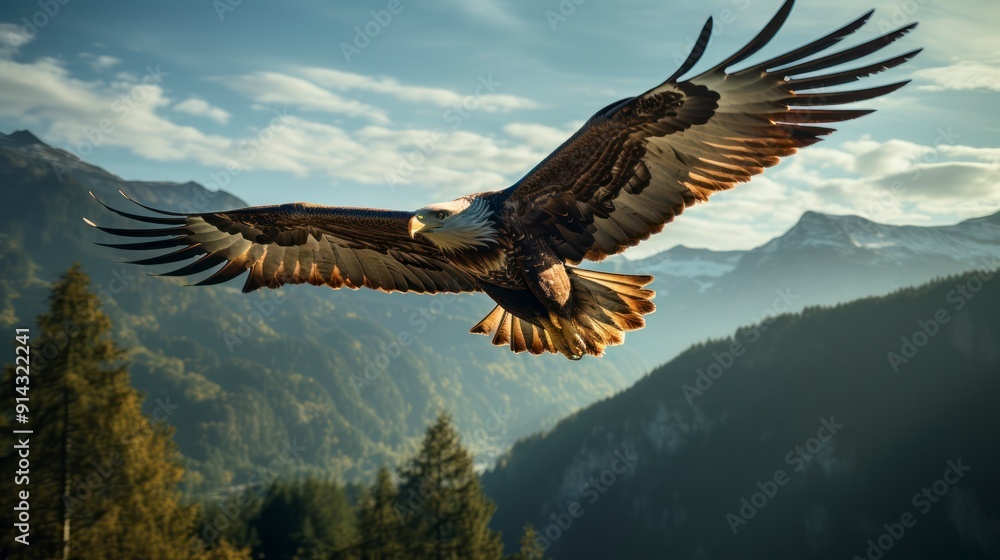 Obraz premium Bald Eagle in flight with mountains in the background at sunset.