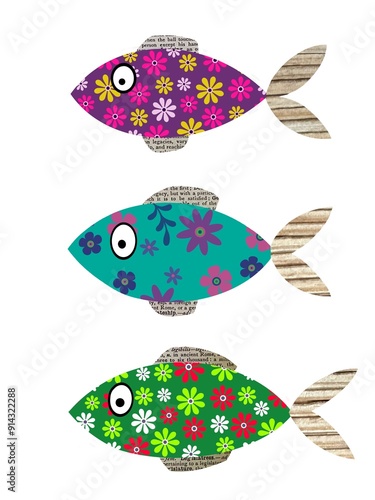 Fish collage created with floral patterns and old text. Collage fish image. Mixed media fish art. Mixed media fish image. Cute fish montage. Floral fish. Illustration of a fish created with scraps.