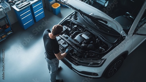 Under the hood. A car mechanic working on the engine of a white car in a modern workshop, car repairs concept, top view.