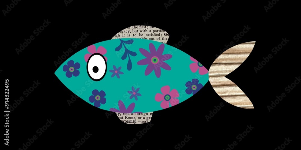Single fish collage created with floral pattern and old text. Collage fish image. Mixed media fish art. Mixed media fish image. Cute fish montage. Floral fish. Illustration of a fish created with scra Single fish collage created with floral pattern and old text. Collage fish image. Mixed media fish art. Mixed media fish image. Cute fish montage. Floral fish. Illustration of a fish created with scra