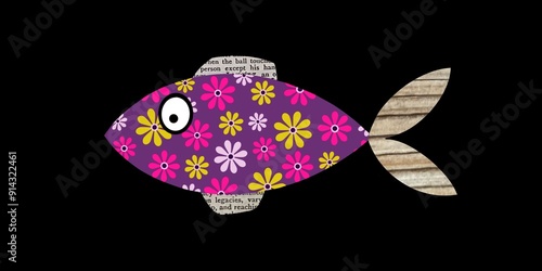 Single fish collage created with floral pattern and old text. Collage fish image. Mixed media fish art. Mixed media fish image. Cute fish montage. Floral fish. Illustration of a fish created with scra photo