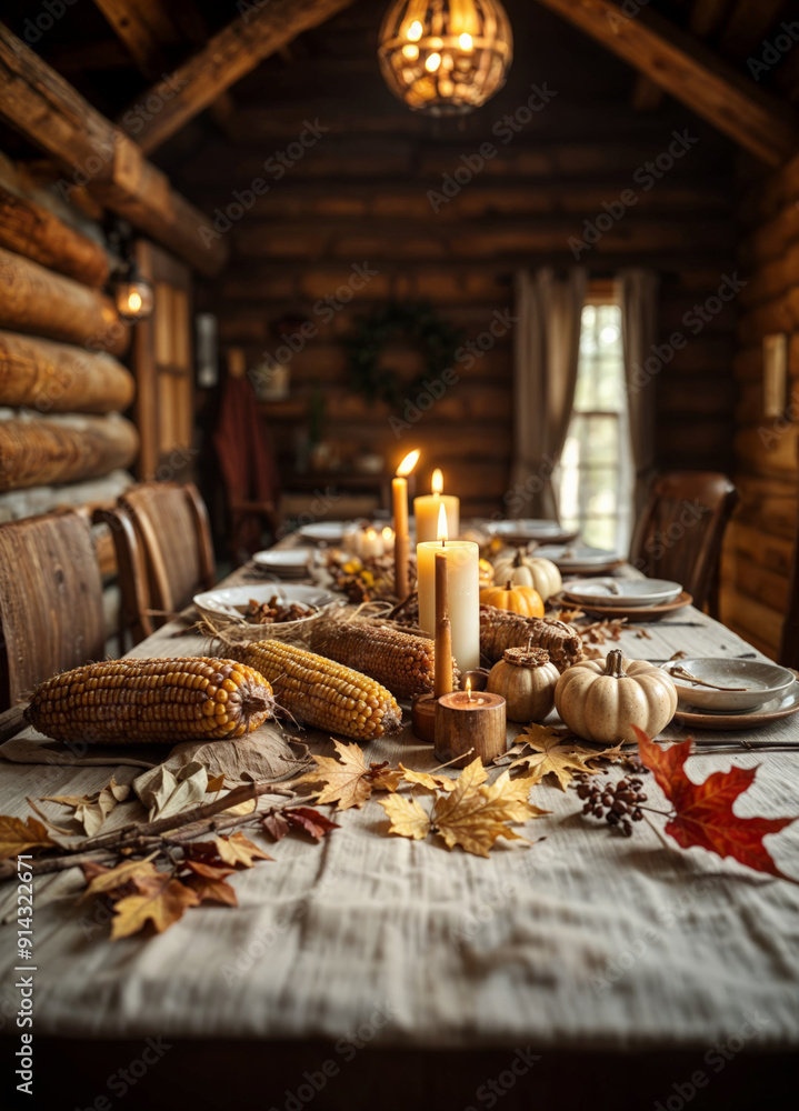 a table set for thanksgiving in a rustic log cabin with corns and pumpkins on it a table set for thanksgiving in a rustic log cabin with corns and pumpkins on it