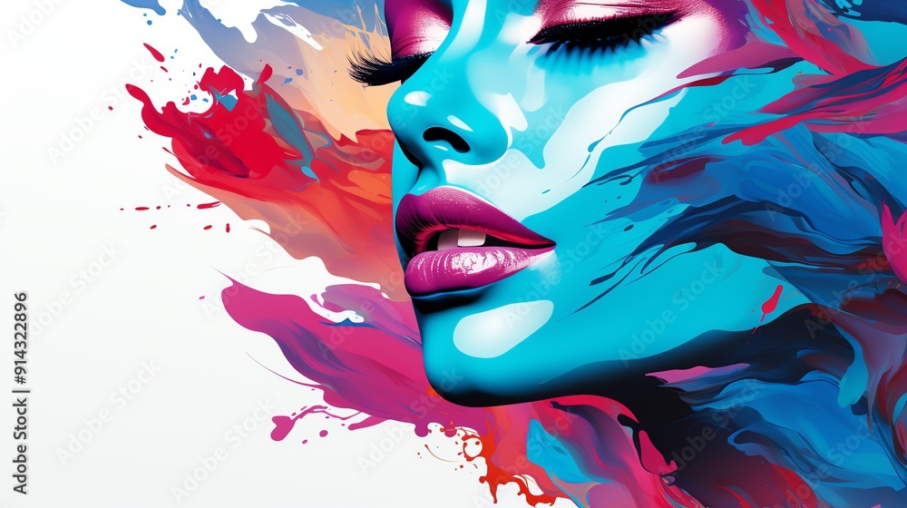 Naklejka premium Abstract portrait of a woman with colorful paint splatters.
