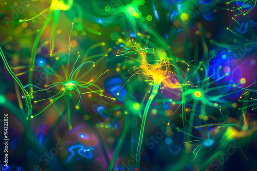 Ethereal Display of Fluorescent Particles Radiating BRilliant Light in Vivid Neon and Electric Hues photo