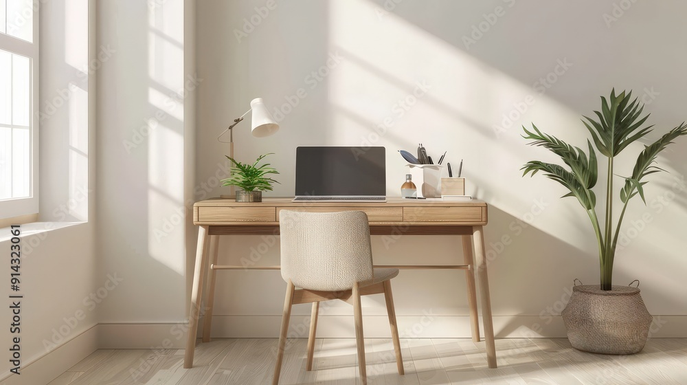 Fototapeta premium Minimalist home office with wooden desk, laptop, plant and natural light.