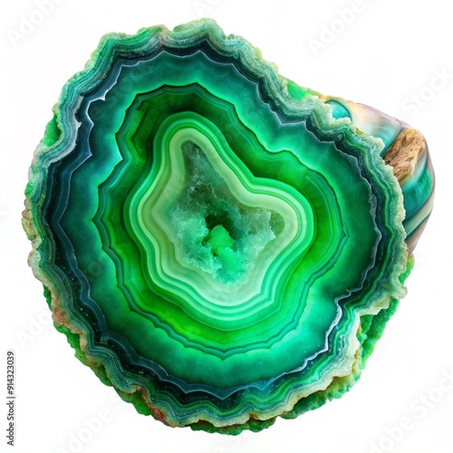 Amazing cross-section of Green Agate Crystal cut isolated on white background. Natural translucent agate crystal surface, Green abstract structure slice mineral stone macro closeup