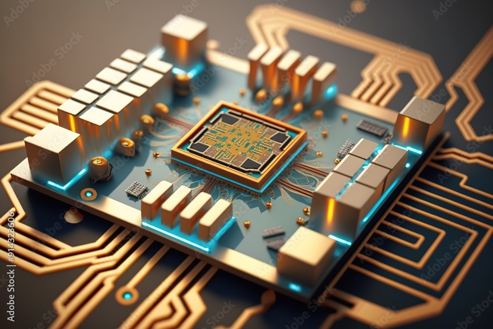 Close-up of a computer chip with golden connectors. Close-up of a computer chip with golden connectors.
