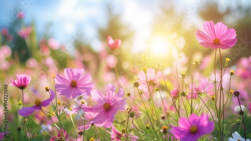 Field or garden of blooming pink cosmos flowers photo