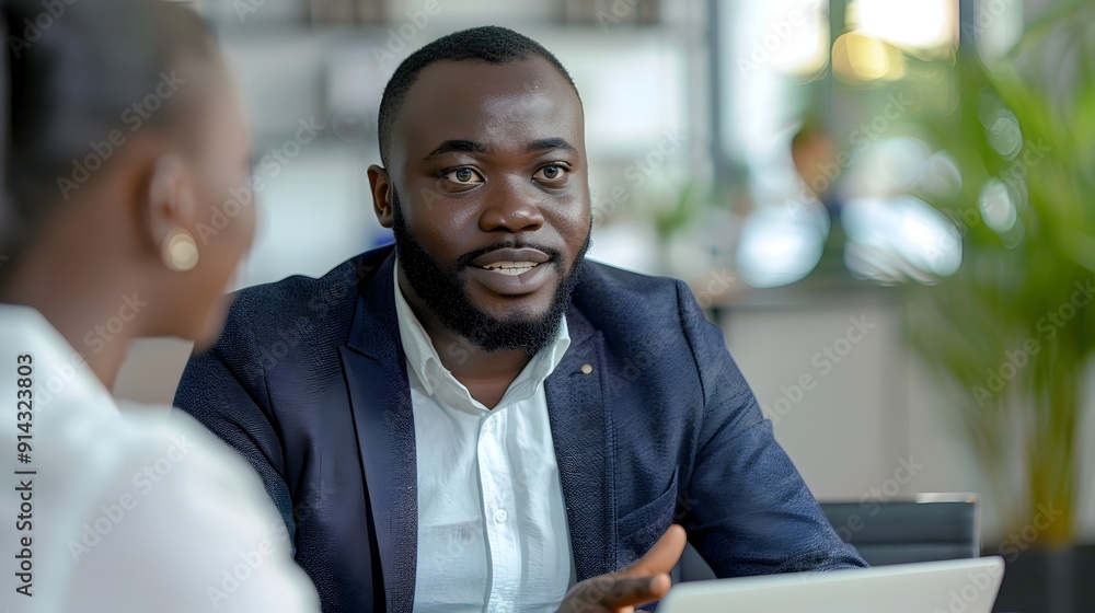 Insurance Agent Discussing Policy with Client in Modern Office Insurance Agent Discussing Policy with Client in Modern Office