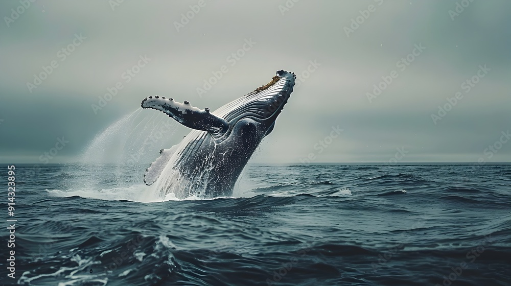 Naklejka premium Majestic Humpback Whale Breaching the Ocean Surface with Powerful Splash