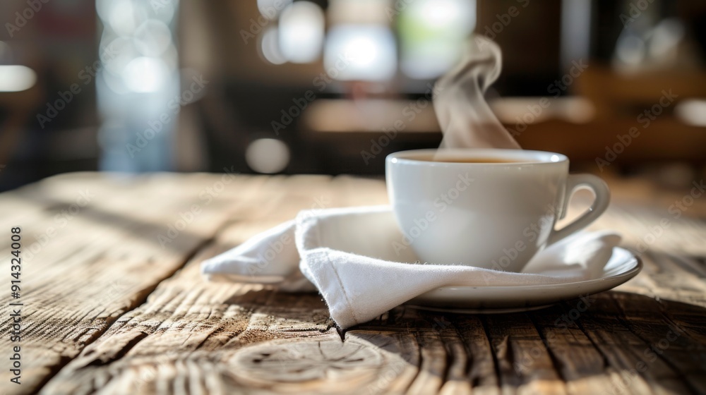 Fototapeta premium Place a steaming coffee cup next to a neatly folded white napkin on a rustic wooden table for a cozy