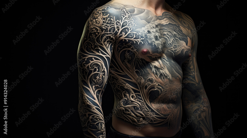 fully tattooed torso of a man isolated on black background fully tattooed torso of a man isolated on black background