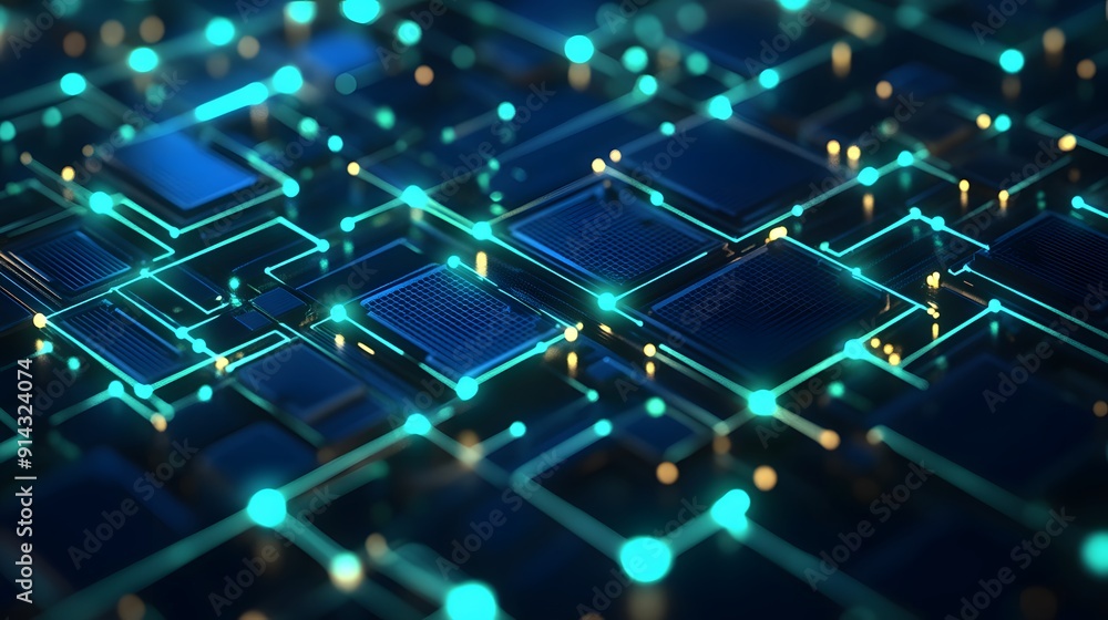 A futuristic digital microchip circuit board with glowing elements, representing modern technology and advanced computing. A futuristic digital microchip circuit board with glowing elements, representing modern technology and advanced computing.