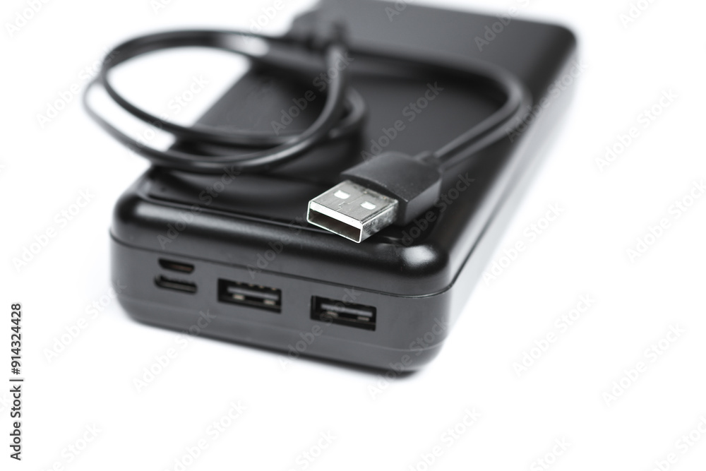Black external battery power bank on a white background Black external battery power bank on a white background