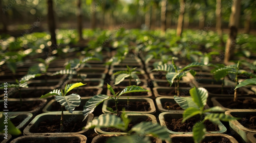 Rows of young plants in pots, ready for planting, growing in a nursery. Rows of young plants in pots, ready for planting, growing in a nursery.