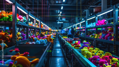 Wallpaper Mural Rows of colorful stuffed toys on shelves in a brightly lit warehouse. Torontodigital.ca