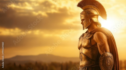 Fearless Ancient Greek Warrior in Gleaming Polished Armor with Radiant Sunlit Background photo