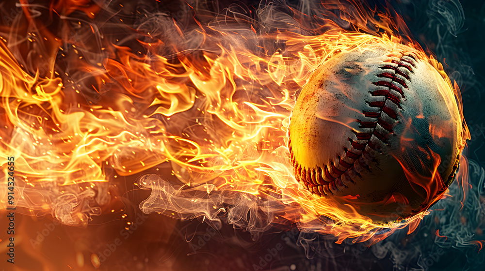 A baseball is in the air with flames surrounding it A baseball is in the air with flames surrounding it