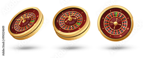 Set Golden casino roulette wheel with wood desk and cells on white background with golden light, rays, glare, sparkles. Vector illustration for casino, game design, advertising