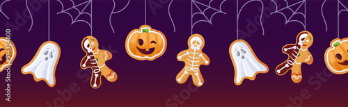 Beautiful and festive gingerbread garland for a joyful Halloween celebration. Horizontal seamless border. For advertising banner, website, poster, sale flyer. Ghost, jack o lantern, skeleton.