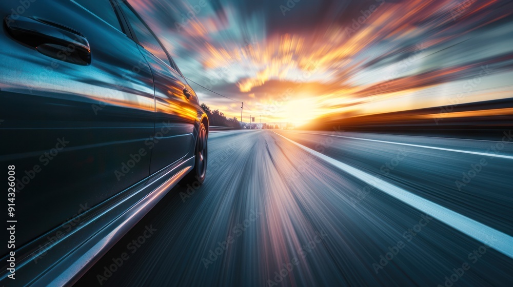 Car speeding down an empty highway at sunset. Car speeding down an empty highway at sunset.