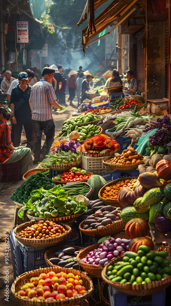 Fototapeta premium Vibrant Street Market Scene Featuring Fresh Produce and Lively Interactions in Urban Setting
