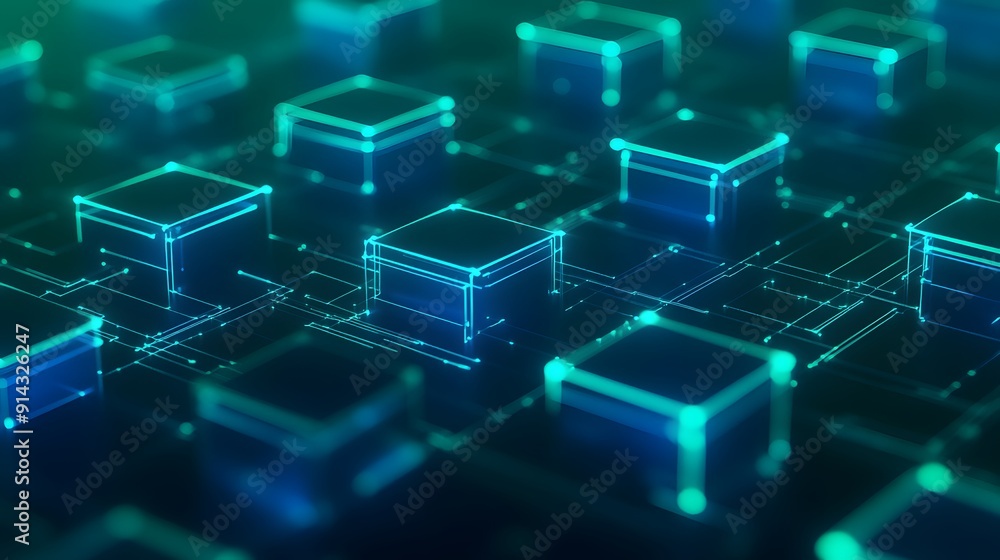 Obraz premium Abstract digital blockchain concept with glowing cubes and futuristic circuitry, representing data security and decentralized network.